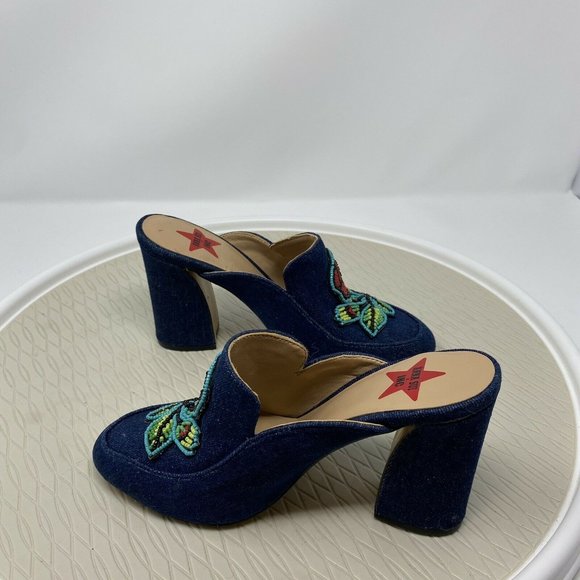 Ana Sui INC Heels 6 Denim Floral Mules Slip On Shoes Blue Beaded Pumps - Picture 4 of 12